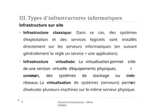 III. Types d'infrastructures informatiques
9 Cloud et virtualisation - Mme
DERBEL
Infrastructure sur site
⏵ Infrastructure classique: Dans ce cas, des systèmes
d’exploitation et des services logiciels sont installés
directement sur les serveurs informatiques (en suivant
généralement la règle un service = une application).
⏵ Infrastructure virtualisée: La virtualisation permet
de une version virtuelle d’équipements physiques,
comme
crée
r
de
s
serveurs, des systèmes de stockage ou des
réseaux. La virtualisation de systèmes (serveurs) permet
d’exécuter plusieurs machines sur le même serveur physique.
 