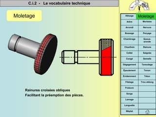 C.i.2 - Le vocabulaire technique


Méplat
Languette
Lamage
Gorge
Fraisure
Trou oblong
Filetage
Téton
Évidemment
Tenon
Épaulement
Taraudage
Dégagement
Semelle
Congé
Saignée
Collet
Rainure
Chanfrein
Queue-
aronde
Chambrage
Perçage
Bossage
Nervure
Arrondi
Mortaise
Arbre
Moletage
Alésage
Moletage
Rainures croisées obliques
Facilitant la préemption des pièces.
Moletage
 