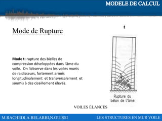 M.RACHEDI,A.BELARBI,N.OUISSI LES STRUCTURES EN MUR VOILE
Mode de Rupture
VOILES ÉLANCÉS
Mode t: rupture des bielles de
compression développées dans l’âme du
voile. On l’observe dans les voiles munis
de raidisseurs, fortement armés
longitudinalement et transversalement et
soumis à des cisaillement élevés.
 