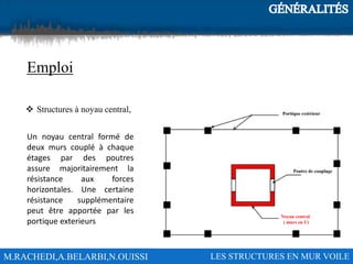 M.RACHEDI,A.BELARBI,N.OUISSI LES STRUCTURES EN MUR VOILE
Emploi
 Structures à noyau central,
Un noyau central formé de
deux murs couplé à chaque
étages par des poutres
assure majoritairement la
résistance aux forces
horizontales. Une certaine
résistance supplémentaire
peut être apportée par les
portique exterieurs
 
