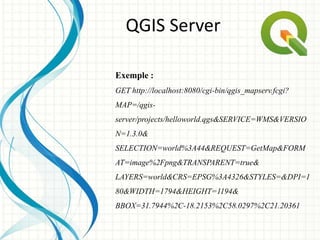 Exemple :
GET http://localhost:8080/cgi-bin/qgis_mapserv.fcgi?
MAP=/qgis-
server/projects/helloworld.qgs&SERVICE=WMS&VERSIO
N=1.3.0&
SELECTION=world%3A44&REQUEST=GetMap&FORM
AT=image%2Fpng&TRANSPARENT=true&
LAYERS=world&CRS=EPSG%3A4326&STYLES=&DPI=1
80&WIDTH=1794&HEIGHT=1194&
BBOX=31.7944%2C-18.2153%2C58.0297%2C21.20361
QGIS Server
 