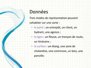 Données
Trois modes de représentation peuvent
cohabiter sur une carte :
• le point : un entrepôt, un client, un
hydrant, une agence ;
• la ligne : un fleuve, un tronçon de route,
un itinéraire ;
• la surface : un étang, une zone de
chalandise, une commune, un bois, une
parcelle.
 