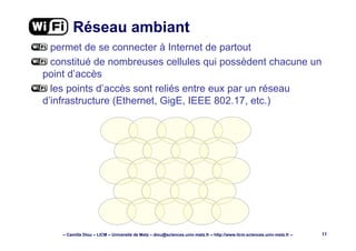 – Camille Diou – LICM – Université de Metz – diou@sciences.univ-metz.fr – http://www.licm.sciences.univ-metz.fr – 11
Réseau ambiant
permet de se connecter à Internet de partout
constitué de nombreuses cellules qui possèdent chacune un
point d’accès
les points d’accès sont reliés entre eux par un réseau
d’infrastructure (Ethernet, GigE, IEEE 802.17, etc.)
 