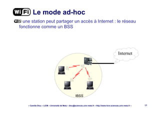 – Camille Diou – LICM – Université de Metz – diou@sciences.univ-metz.fr – http://www.licm.sciences.univ-metz.fr – 13
Le mode ad-hoc
une station peut partager un accès à Internet : le réseau
fonctionne comme un BSS
IBSS
Internet
 