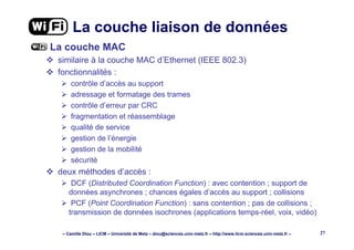 – Camille Diou – LICM – Université de Metz – diou@sciences.univ-metz.fr – http://www.licm.sciences.univ-metz.fr – 27
La couche liaison de données
La couche MAC
similaire à la couche MAC d’Ethernet (IEEE 802.3)
fonctionnalités :
contrôle d’accès au support
adressage et formatage des trames
contrôle d’erreur par CRC
fragmentation et réassemblage
qualité de service
gestion de l’énergie
gestion de la mobilité
sécurité
deux méthodes d’accès :
DCF (Distributed Coordination Function) : avec contention ; support de
données asynchrones ; chances égales d’accès au support ; collisions
PCF (Point Coordination Function) : sans contention ; pas de collisions ;
transmission de données isochrones (applications temps-réel, voix, vidéo)
 