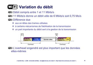 – Camille Diou – LICM – Université de Metz – diou@sciences.univ-metz.fr – http://www.licm.sciences.univ-metz.fr – 41
Variation du débit
Débit compris entre 1 et 11 Mbits/s
11 Mbits/s donne un débit utile de 6 Mbits/s soit 0,75 Mo/s
Différence due
aux en-têtes des trames utilisées
à certains mécanismes de fiabilisation de la transmission
un part importante du débit sert à la gestion de la transmission
L’overhead engendré est plus important que les données
elles-mêmes
En-tête
Couche PHY
DIFS
En-tête
couche MAC
Donnés utiles
En-tête
Couche PHY
ACK
SIFS
Overhead Overhead
 