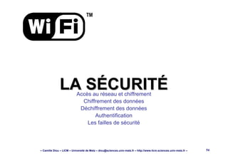 – Camille Diou – LICM – Université de Metz – diou@sciences.univ-metz.fr – http://www.licm.sciences.univ-metz.fr – 54
LA SÉCURITÉLA SÉCURITÉ
TM
Accès au réseau et chiffrement
Chiffrement des données
Déchiffrement des données
Authentification
Les failles de sécurité
 