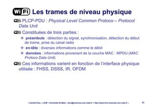 – Camille Diou – LICM – Université de Metz – diou@sciences.univ-metz.fr – http://www.licm.sciences.univ-metz.fr – 62
Les trames de niveau physique
PLCP-PDU : Physical Level Common Protoco – Protocol
Data Unit
Constituées de trois parties :
préambule : détection du signal, synchronisation, détection du début
de trame, prise du canal radio
en-tête : diverses informations comme le débit
données : informations provenant de la couche MAC : MPDU (MAC
Protoco Data Unit)
Ces informations varient en fonction de l’interface physique
utilisée : FHSS, DSSS, IR, OFDM
 