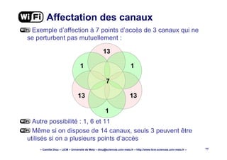 – Camille Diou – LICM – Université de Metz – diou@sciences.univ-metz.fr – http://www.licm.sciences.univ-metz.fr – 77
Affectation des canaux
Exemple d’affection à 7 points d’accès de 3 canaux qui ne
se perturbent pas mutuellement :
Autre possibilité : 1, 6 et 11
Même si on dispose de 14 canaux, seuls 3 peuvent être
utilisés si on a plusieurs points d’accès
11
1
1313
13
7
 