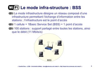 – Camille Diou – LICM – Université de Metz – diou@sciences.univ-metz.fr – http://www.licm.sciences.univ-metz.fr – 8
Le mode infra-structure : BSS
Le mode infrastructure désigne un réseau composé d’une
infrastructure permettant l’échange d’information entre les
stations ; l’infrastructure est le point d’accès
1 cellule = 1Basic Service Set (BSS) = 1 point d’accès
100 stations : support partagé entre toutes les stations, ainsi
que le débit (11 Mbits/s)
BSS
 