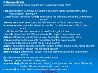 Brahim ER-RAHA
2- Syntaxe Simple
Supposons que le nœud courant soit <famille type="gaz rare">
/ ou /classification_atomique sélectionne l'élément racine du document, donc
<classification_atomique>
/ classification_atomique /famille sélectionne les éléments famille fils de l'élément
racine
./atome ou atome sélectionne les éléments atome fils du nœud courant.
atome/nom sélectionne les éléments nom fils d'un élément atome fils du nœud
courant
.. sélectionne l'élément père, donc <classification_atomique>
../famille sélectionne les éléments famille fils du père du nœud courant
//atome sélectionne les éléments atome descendant de l'élément racine
.//nom sélectionne les éléments nom descendant du nœud courant
* sélectionne tous les éléments fils du nœud courant
atome/* sélectionne tous les éléments fils d'un élément atome fils du nœud courant
@type sélectionne l'attribut type du nœud courant
/famille/@type sélectionne l'attribut type des éléments famille fils de l'élément
racine
@* sélectionne tous les attributs du nœud courant
./atome | .//nom union des 2 sélections
atome/node() sélectionne tous les nœuds (pas uniquement les nœuds éléments)
fils d'un élément atome fils du nœud courant
comment() tous les nœuds commentaire du nœud courant
 