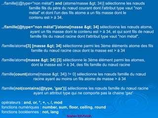 Brahim ER-RAHA
../famille[(@type="non métal") and (atome/masse > 34)] sélectionne les nœuds
famille fils du père du nœud courant dont l'attribut type vaut "non
métal" et dont l'un des fils atome a un fils masse dont le
contenu est > à 34.
../famille[@type="non métal"]/atome[masse > 34] sélectionne les nœuds atome,
ayant un fils masse dont le contenu est > à 34, et qui sont fils de nœud
famille fils du nœud racine dont l'attribut type vaut "non métal".
/famille/atome[3] [masse > 34] sélectionne parmi les 3ème éléments atome des fils
famille du nœud racine ceux dont la masse est > à 34
/famille/atome[masse > 34] [3] sélectionne le 3ème élément parmi les atomes,
dont la masse est > à 34, des fils famille du nœud racine
/famille[count(atome[masse > 34]) != 0] sélectionne les nœuds famille du nœud
racine ayant au moins un fils atome de masse > à 34
/famille[not(contains(@type, 'gaz'))] sélectionne les nœuds famille du nœud racine
ayant un attribut type qui ne comporte pas la chaine 'gaz'
opérateurs : and, or, *, +, -, /, mod
fonctions numériques : number, sum, floor, ceiling, round
fonctions booléennes : not, lang
 