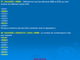 Brahim ER-RAHA
27- /AAA/EEE | //BBB : Sélectionne tous les éléments BBB et EEE qui sont
enfants de l'élément racine AAA
<AAA>
<BBB/>
<CCC/>
<DDD>
<CCC/>
</DDD>
<EEE/>
</AAA>
Plusieurs chemins peuvent être combinés avec le séparateur |
28- /AAA/EEE | //DDD/CCC | /AAA | //BBB : Le nombre de combinaisons n'est
pas restreint
<AAA>
<BBB/>
<CCC/>
<DDD>
<CCC/>
</DDD>
<EEE/>
</AAA>
 