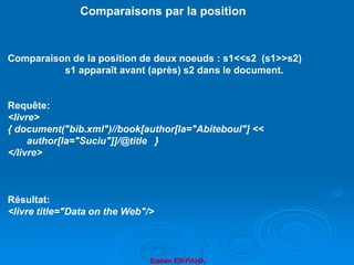 Brahim ER-RAHA
Comparaison de la position de deux noeuds : s1<<s2 (s1>>s2)
s1 apparaît avant (après) s2 dans le document.
Requête:
<livre>
{ document("bib.xml")//book[author[la="Abiteboul"] <<
author[la="Suciu"]]/@title }
</livre>
Résultat:
<livre title="Data on the Web"/>
Comparaisons par la position
 