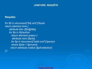 Brahim ER-RAHA
Requête:
for $b in document("bib.xml")//book
return element livre {
attribute titre {$b/@title},
for $a in $b/author
return element auteur {
attribute nom {$a/la},
for $p in document("addr.xml")//person
where $a/la = $p/name
return attribute institut {$p/institution}
} }
JOINTURE: REQUÊTE
 