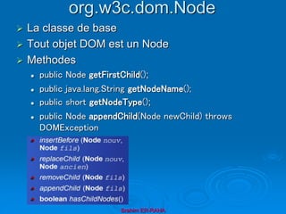 org.w3c.dom.Node
 La classe de base
 Tout objet DOM est un Node
 Methodes
 public Node getFirstChild();
 public java.lang.String getNodeName();
 public short getNodeType();
 public Node appendChild(Node newChild) throws
DOMException
 …
Brahim ER-RAHA
 