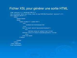 Fichier XSL pour générer une sortie HTML
<?xml version="1.0" encoding="UTF-8"?>
<xsl:stylesheet xmlns:xsl="http://www.w3.org/1999/XSL/Transform" version="1.0">
<xsl:template match="/">
<html>
<head></head>
<body>
<table border="1" width="80%">
<tr>
<th>Nom</th><th>Prénoms</th>
</tr>
<xsl:for-each select="personnes/etudiant">
<tr>
<td><xsl:value-of select="nom"/></td>
<td><xsl:value-of select="prenoms/prenom[1]"/></td>
</tr>
</xsl:for-each>
</table>
</body>
</html>
</xsl:template>
</xsl:stylesheet>
 