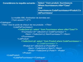 Brahim ER-RAHA
Le modèle XML d'extraction de données est :
<?xml version="1.0"?>
<Catalogue>
<Titre> Voici le poids de chacun de nos produits : </Titre>
<ListeParFournisseur>
<?odbc2xml q1: select * from Fournisseur where ville="Casa"?>
<Fournisseur id=" odbc2xml q1.CodeFournisseur ">
<Nom> <?odbc2xml q1.NomFournisseur?> </Nom>
</Fournisseur>
<ListProduit>
<?odbc2xml q2: select * from Produit where CodeFournisseur = :
q1.CodeFournisseur ?>
<Produit id=" odbc2xml q1.ProduitRef ">
<Nom> <?odbc2xml q1.Nom?> <Nom>
<Poids> <?odbc2xml q1.Poids?> <Poids>
</Produit>
</ListeProduit>
</ListeParFournisseur></Catalogue>
Considérons la requête suivante : Select * from produit, fournisseurs
Where fournisseurs.ville="Casa"
And
Fournisseurs.CodeFournisseur=Produit.Co
deFournisseur
 