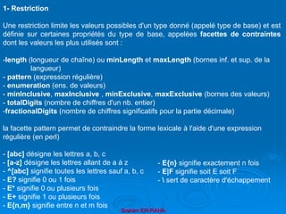 Brahim ER-RAHA
1- Restriction
Une restriction limite les valeurs possibles d'un type donné (appelé type de base) et est
définie sur certaines propriétés du type de base, appelées facettes de contraintes
dont les valeurs les plus utilisés sont :
-length (longueur de chaîne) ou minLength et maxLength (bornes inf. et sup. de la
langueur)
- pattern (expression régulière)
- enumeration (ens. de valeurs)
- minInclusive, maxInclusive , minExclusive, maxExclusive (bornes des valeurs)
- totalDigits (nombre de chiffres d'un nb. entier)
-fractionalDigits (nombre de chiffres significatifs pour la partie décimale)
la facette pattern permet de contraindre la forme lexicale à l'aide d'une expression
régulière (en perl)
- [abc] désigne les lettres a, b, c
- [a-z] désigne les lettres allant de a à z
- ^[abc] signifie toutes les lettres sauf a, b, c
- E? signifie 0 ou 1 fois
- E* signifie 0 ou plusieurs fois
- E+ signifie 1 ou plusieurs fois
- E{n,m} signifie entre n et m fois
- E{n} signifie exactement n fois
- E|F signifie soit E soit F
-  sert de caractère d'échappement
 