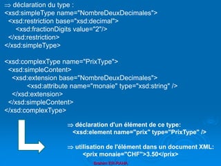 Brahim ER-RAHA
 déclaration du type :
<xsd:simpleType name="NombreDeuxDecimales">
<xsd:restriction base="xsd:decimal">
<xsd:fractionDigits value="2"/>
</xsd:restriction>
</xsd:simpleType>
<xsd:complexType name="PrixType">
<xsd:simpleContent>
<xsd:extension base="NombreDeuxDecimales">
<xsd:attribute name="monaie" type="xsd:string" />
</xsd:extension>
</xsd:simpleContent>
</xsd:complexType>
 déclaration d'un élément de ce type:
<xsd:element name="prix" type="PrixType" />
 utilisation de l'élément dans un document XML:
<prix monaie="CHF">3.50</prix>
 