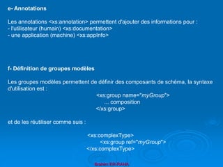 Brahim ER-RAHA
e- Annotations
Les annotations <xs:annotation> permettent d'ajouter des informations pour :
- l'utilisateur (humain) <xs:documentation>
- une application (machine) <xs:appInfo>
f- Définition de groupes modèles
Les groupes modèles permettent de définir des composants de schéma, la syntaxe
d'utilisation est :
<xs:group name="myGroup">
... composition
</xs:group>
et de les réutiliser comme suis :
<xs:complexType>
<xs:group ref="myGroup">
</xs:complexType>
 