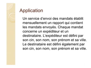 Application
Un service d’envoi des mandats établit
mensuellement un rapport qui contient
les mandats envoyés. Chaque mandat
concerne un expéditeur et un
destinataire. L’expéditeur est défini par
son cin, son nom, son prénom et sa ville.
Le destinataire est défini également par
son cin, son nom, son prénom et sa ville.
 