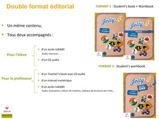  Un même contenu,
 Tous deux accompagnés :
 d’un accès Udiddit
Audio, exercices, …
 d’un CD audio
 d’un Teacher’s book avec CD audio
 d’un manuel numérique
 d’un accès Udiddit
Audio, évaluations, cahiers de matières, tableaux de structure par Units, …
Pour l’élève
Pour le professeur
Double format éditorial FORMAT 1 : Student’s book + Workbook
FORMAT 2 : Student’s workbook
 