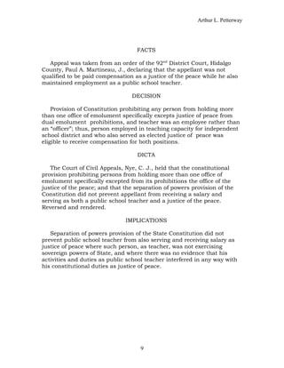 Arthur L. Petterway




                                   FACTS

  Appeal was taken from an order of the 92nd District Court, Hidalgo
County, Paul A. Martineau, J., declaring that the appellant was not
qualified to be paid compensation as a justice of the peace while he also
maintained employment as a public school teacher.

                                 DECISION

    Provision of Constitution prohibiting any person from holding more
than one office of emolument specifically excepts justice of peace from
dual emolument prohibitions, and teacher was an employee rather than
an “officer”; thus, person employed in teaching capacity for independent
school district and who also served as elected justice of peace was
eligible to receive compensation for both positions.

                                   DICTA

   The Court of Civil Appeals, Nye, C. J., held that the constitutional
provision prohibiting persons from holding more than one office of
emolument specifically excepted from its prohibitions the office of the
justice of the peace; and that the separation of powers provision of the
Constitution did not prevent appellant from receiving a salary and
serving as both a public school teacher and a justice of the peace.
Reversed and rendered.

                               IMPLICATIONS

   Separation of powers provision of the State Constitution did not
prevent public school teacher from also serving and receiving salary as
justice of peace where such person, as teacher, was not exercising
sovereign powers of State, and where there was no evidence that his
activities and duties as public school teacher interfered in any way with
his constitutional duties as justice of peace.




                                     9
 