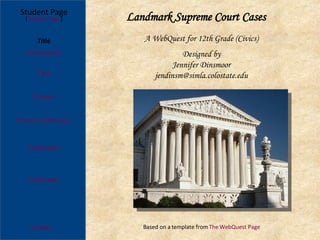 Landmark Supreme Court Cases Process Continued Student Page Title Introduction Task Process Evaluation Conclusion Credits [ Teacher Page ] A WebQuest for 12th Grade (Civics) Designed by Jennifer Dinsmoor [email_address] Based on a template from  The WebQuest Page 
