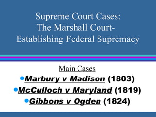 Supreme Court Cases: The Marshall Court-  Establishing Federal Supremacy ,[object Object],[object Object],[object Object],Main Cases 