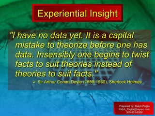 "I have no data yet. It is a capital mistake to theorize before one has data. Insensibly one begins to twist facts to suit theories instead of theories to suit facts."   Sir Arthur Conan Doyle (1859-1930), Sherlock Holmes Prepared by: Ralph Paglia Ralph_Paglia@reyrey.com  505-301-6369 Experiential Insight 