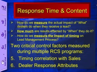 How do we  measure  the actual impact of “ What ” dealers do when they receive a lead?  How much  are results effected by “ When ” they do it? How do we  measure the impact of timing  on  Lead Management Process? Two critical control factors measured during multiple RCS programs: Timing correlation with Sales Dealer Response Attributes Response Time & Content 