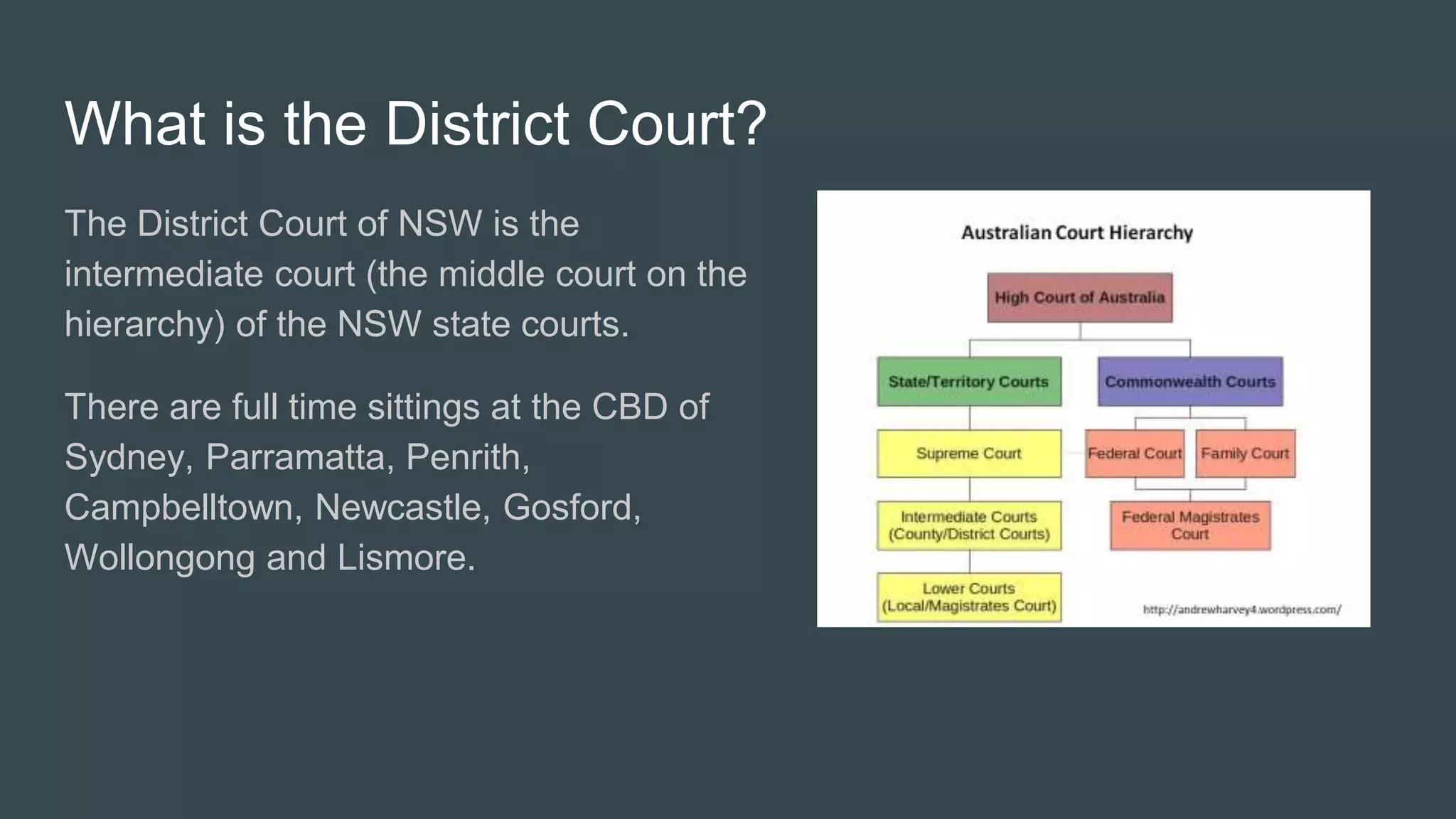 What is the District Court?
The District Court of NSW is the
intermediate court (the middle court on the
hierarchy) of the NSW state courts.
There are full time sittings at the CBD of
Sydney, Parramatta, Penrith,
Campbelltown, Newcastle, Gosford,
Wollongong and Lismore.
 