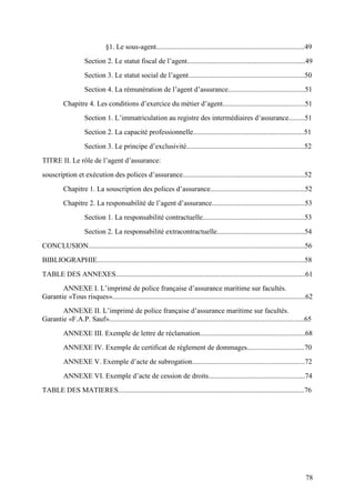 78
§1. Le sous-agent...................................................................................49
Section 2. Le statut fiscal de l’agent..................................................................49
Section 3. Le statut social de l’agent.................................................................50
Section 4. La rémunération de l’agent d’assurance...........................................51
Chapitre 4. Les conditions d’exercice du métier d’agent..............................................51
Section 1. L’immatriculation au registre des intermédiaires d’assurance.........51
Section 2. La capacité professionnelle..............................................................51
Section 3. Le principe d’exclusivité..................................................................52
TITRE II. Le rôle de l’agent d’assurance:
souscription et exécution des polices d’assurance....................................................................52
Chapitre 1. La souscription des polices d’assurance.....................................................52
Chapitre 2. La responsabilité de l’agent d’assurance....................................................53
Section 1. La responsabilité contractuelle.........................................................53
Section 2. La responsabilité extracontractuelle.................................................54
CONCLUSION.........................................................................................................................56
BIBLIOGRAPHIE....................................................................................................................58
TABLE DES ANNEXES..........................................................................................................61
ANNEXE I. L’imprimé de police française d’assurance maritime sur facultés.
Garantie «Tous risques»............................................................................................................62
ANNEXE II. L’imprimé de police française d’assurance maritime sur facultés.
Garantie «F.A.P. Sauf».............................................................................................................65
ANNEXE III. Exemple de lettre de réclamation...........................................................68
ANNEXE IV. Exemple de certificat de règlement de dommages................................70
ANNEXE V. Exemple d’acte de subrogation...............................................................72
ANNEXE VI. Exemple d’acte de cession de droits......................................................74
TABLE DES MATIERES........................................................................................................76
 