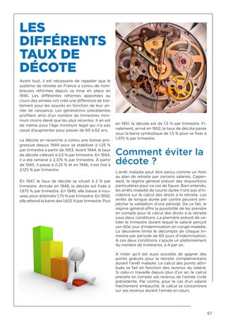 67
LES
DIFFÉRENTS
TAUX DE
DÉCOTE
Avant tout, il est nécessaire de rappeler que le
système de retraite en France a connu de nom-
breuses réformes depuis sa mise en place en
1945. Les différentes réformes apportées au
cours des années ont créé une différence de trai-
tement pour les assurés en fonction de leur an-
née de naissance. Les générations précédentes
profitent ainsi d’un nombre de trimestres mini-
mum moins élevé que les plus récentes. Il en est
de même pour l’âge minimum légal qui n’a pas
cessé d’augmenter pour passer de 60 à 62 ans.
La décote en revanche a connu une baisse pro-
gressive depuis 1944 pour se stabiliser à 1,25 %
par trimestre à partir de 1953. Avant 1944, le taux
de décote s’élevait à 2,5 % par trimestre. En 1944,
il a été ramené à 2,375 % par trimestre. À partir
de 1945, il passe à 2,25 % et en 1946, il est fixé à
2,125 % par trimestre.
En 1947, le taux de décote se situait à 2 % par
trimestre. Arrivée en 1948, la décote est fixée à
1,875 % par trimestre. En 1949, elle baisse à nou-
veau pour atteindre 1,75 % par trimestre. En 1950,
elle atteind la barre des 1,625 % par trimestre. Puis
en 1951, la décote est de 1,5 % par trimestre. Fi-
nalement, arrivé en 1952, le taux de décote passe
sous la barre symbolique de 1,5 % pour se fixer à
1,375 % par trimestre.    
Comment éviter la
décote ?
L’arrêt maladie peut être perçu comme un frein
au plan de retraite par certains salariés. Cepen-
dant, le régime général prévoit des dispositions
particulières pour ce cas de figure. Bien entendu,
les arrêts maladie de courte durée n’ont pas d’in-
cidence sur le calcul des droits à la retraite. Les
arrêts de longue durée par contre peuvent em-
pêcher la validation d’une période. De ce fait, le
régime général offre la possibilité de les prendre
en compte pour le calcul des droits à la retraite
sous deux conditions. La première prévoit de va-
lider le trimestre durant lequel le salarié perçoit
son 60e jour d’indemnisation en congé-maladie.
La deuxième limite le décompte de chaque tri-
mestre par période de 60 jours d’indemnisation.
À ces deux conditions s’ajoute un plafonnement
du nombre de trimestres, à 4 par an.
À noter qu’il est aussi possible de gagner des
points gratuits pour la retraite complémentaire
durant l’arrêt maladie. Le calcul des points attri-
bués se fait en fonction des revenus du salarié.
Si celui-ci travaille depuis plus d’un an, le calcul
prendra en compte ses revenus de l’année civile
précédente. Par contre, pour le cas d’un salarié
fraichement embauché, le calcul se concentrera
sur ses revenus durant l’année en cours.
 