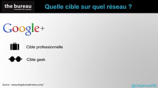 Quelle cible sur quel réseau ? 
Cible professionnelle 
Cible geek 
Source : www.blogdumoderateur.com/ @DelphineRB 
 