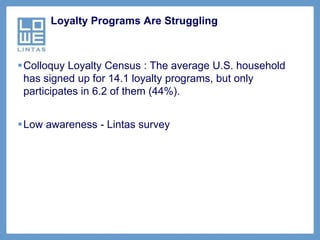 Loyalty Programs Are Struggling



Colloquy Loyalty Census : The average U.S. household
 has signed up for 14.1 loyalty programs, but only
 participates in 6.2 of them (44%).


Low awareness - Lintas survey
 