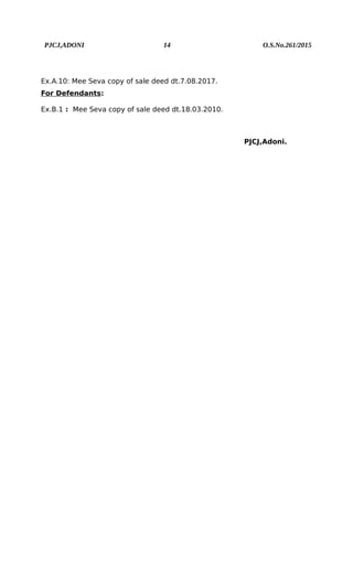 PJCJ,ADONI 14 O.S.No.261/2015
Ex.A.10: Mee Seva copy of sale deed dt.7.08.2017.
For Defendants:
Ex.B.1 : Mee Seva copy of sale deed dt.18.03.2010.
PJCJ,Adoni.
 