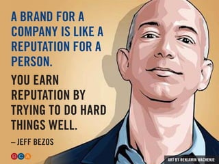 A BRAND FOR A
COMPANY IS LIKE A
REPUTATION FOR A
PERSON.
YOU EARN
REPUTATION BY
TRYING TO DO HARD
THINGS WELL.
– JEFF BEZOS
ART BY BENJAMIN WACHENJE
 