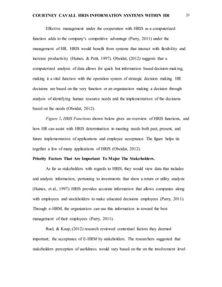 COURTNEY CAVALL HRIS INFORMATION SYSTEMS WITHIN HR 20
Effective management under the cooperation with HRIS as a computerized
function adds to the company’s competitive advantage (Parry, 2011) under the
management of HR. HRIS would benefit from systems that interact with flexibility and
increase productivity (Haines, & Petit, 1997). Obeidat, (2012) suggests that a
computerized analysis of data allows for quick but information based decision-making,
making it a vital function with the operation system of strategic decision making. HR
decisions are based on the very function or an organization making a decision through
analysis of identifying human resource needs and the implementation of the decisions
based on the needs (Obeidat, 2012).
Figure 1. HRIS Functions shown below gives an overview of HRIS functions, and
how HR can assist with HRIS determination in meeting needs both past, present, and
future implementation of applications and employee acceptance. The figure helps tie
together a few of many applications of HRIS (Obeidat, 2012).
Priority Factors That Are Important To Major The Stakeholders.
As far as stakeholders with regards to HRIS, they would view data that includes
and analysis information, pertaining to investments that show a return or utility analysis
(Haines, et al., 1997). HRIS provides accurate information that allows companies along
with employees and stockholders to make educated decisions employees (Parry, 2011).
Through e-HRM, the organization can use this information in toward the best
management of their employees (Parry, 2011).
Ruel, & Kaap, (2012) research reviewed contextual factors they deemed
important; the acceptance of E-HRM by stakeholders. The researchers suggested that
stakeholders perception of usefulness would vary based on the on the involvement level
 