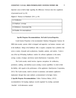 COURTNEY CAVALL HRIS INFORMATION SYSTEMS WITHIN HR 28
important areas to hold in high regarding the differences between state laws regulations
of personnel-record (p. 68)
Figure 1: Martucci & Shankland (2011, p. 68)
(1) Notification
(2) Employee coverage
(3) Definitions of personnel files
(4) Penalties for noncompliance.
Specific Program Recommendations: ReCaché System Properties.
Caché System Properties is the recommended Database Management Systems for
HRIS data security systems which is designed and supportive our business structure such
in the healthcare. Being in the healthcare field, it requires companies have a platform that
serves a variety of people such as physicians, hospitals, patients, and vendors. Cache is
one of the top 100 leading healthcare vendors for software application in the nation,
serving a variety of unique and diverse needs (InterSystems Corporation, 2013)
The Caché security model involves rigorous encryptions for verification,
permission, auditing, and database access creating a secure capabilities in order to limit
the liability with regards to the performance of the application (InterSystems Corporation,
2013). The Caché security model is devised to sustenance and maintain application
deployment through three main methods as demonstrated in the figure below;
2. Specific Program Recommendations: Follow Professor Bisbee, (2012)
recommendation for keeping employee records organized by creating a premade
‘checklist’ of all information needed
 