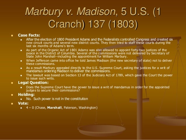 marbury v madison case brief View this case and other resources at: citation 5 us 137, 1 cranch 137, 2 l ed 60 (1803) brief fact summary william marbury (marbury), an. marbury v madison case brief View this case and other resources at: citation 5 us 137, 1 cranch 137, 2 l ed 60 (1803) brief fact summary william marbury (marbury), an.