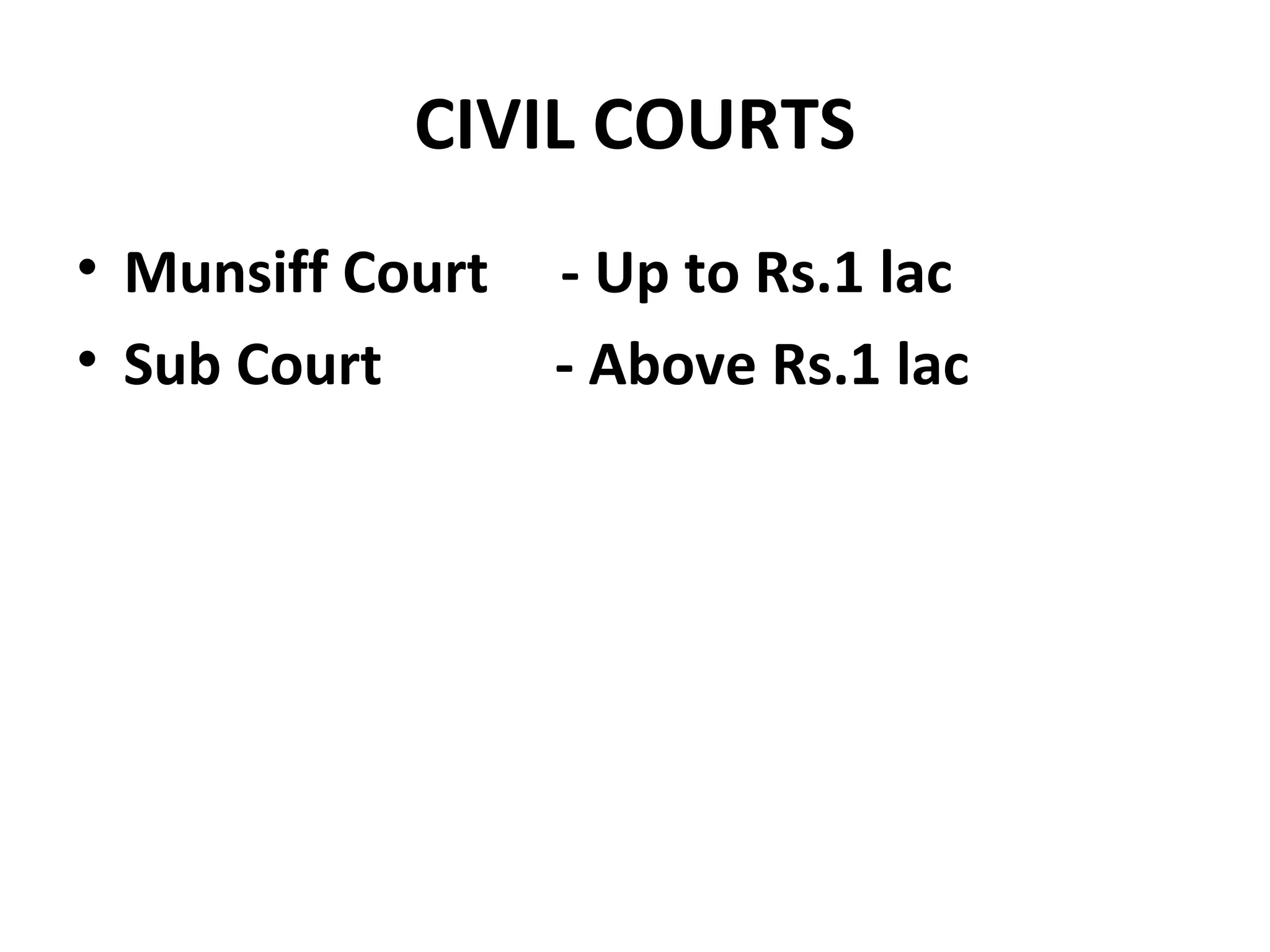 CIVIL COURTS
• Munsiff Court - Up to Rs.1 lac
• Sub Court - Above Rs.1 lac
 