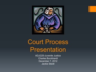 Court Process
 Presentation
  ADJ/225-Juvenile Justice
    Charles Burckhardt
    December 7, 2012
       Jackie Steidl
 