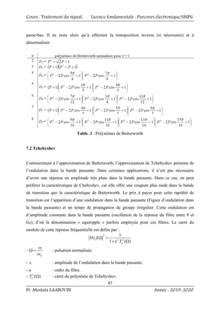 Cours : Traitement du signal, Licence fondamentale : Parcours électronique/SMP6
Pr. Mostafa LAABOUBI Année : 2019-2020
97
passe-bas. Il ne reste alors qu’à effectuer la transposition inverse (si nécessaire) et à
dénormaliser.
Table .1 : Polynômes de Butterworth
7.2 Tchebyshev
Contrairement à l’approximation de Butterworth, l’approximation de Tchebyshev présente de
l’ondulation dans la bande passante. Dans certaines applications, il n’est pas nécessaire
d’avoir une réponse en amplitude très plate dans la bande passante. Dans ce cas, on peut
préférer la caractéristique de Chebyshev, car elle offre une coupure plus raide dans la bande
de transition que la caractéristique de Butterworth. Le prix à payer pour cette rapidité de
transition est l’apparition d’une ondulation dans la bande passante (Figure d’ondulation dans
la bande passante) et un temps de propagation de groupe irrégulier. Cette ondulation est
d’amplitude constante dans la bande passante (oscillation de la réponse du filtre entre 0 et
GP), d’où la dénomination « equiripple » parfois employée pour ces filtres. Le carré du
module de cette réponse fréquentielle est défini par :
2
2 2
1
( )
1 . ( )
n
H j
T
Ω =
+ ε Ω
-
p
ω
Ω =
ω
: pulsation normalisée.
- ε : amplitude de l’ondulation dans la bande passante.
- n : ordre du filtre.
- 2
( )
n
T Ω : carré du polynôme de Tchebyshev.
 