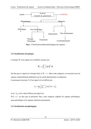 Cours : Traitement du signal, Licence fondamentale : Parcours électronique/SMP6
Pr. Mostafa LAABOUBI Année : 2019-2020
12
Déterministe Aléatoire
Périodique Non Périodique
Stationnaire Non Stationnaire
Transitoire
Presque
Périodique Cyclostationnaire
Système
(modèle de génération)
SIGNAL
entrée
Déterministe Aléatoire
Périodique Non Périodique
Stationnaire Non Stationnaire
Transitoire
Presque
Périodique Cyclostationnaire
Système
(modèle de génération)
SIGNAL
entrée
Fig.1 : Classification phénoménologique des signaux
3.2 Classification énergétique
L’énergie Wx d’un signal x(t) est définie comme suit :
2
( )
x
W x t dt
+∞
−∞
= ∫
On dira que ce signal est à énergie finie si x
W < ∞. Dans cette catégorie, on rencontre tous les
signaux temporellement éphémères qu’ils soient déterministes ou aléatoires.
La puissance moyenne Px d’un signal x(t) est définie par :
/2 2 2
/ 2
1
lim ( )
T
x eff
T
x
P x t dt X
T
+
−
→∞
= =
∫
Avec eff
X est la valeur éfficace du signal x(t).
Si x
P < ∞ , on dira que la puissance finie, cette catégorie englobe les signaux périodiques,
quasi-périodique et les signaux aléatoires permanents.
3.3 Classification morphologique
 