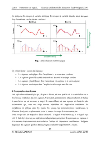 Cours : Traitement du signal, Licence fondamentale : Parcours électronique/SMP6
Pr. Mostafa LAABOUBI Année : 2019-2020
13
On distingue les signaux à variable continue des signaux à variable discrète ainsi que ceux
dont l’amplitude est discrète ou continue :
Fig.2 : Classification morphologique
On obtient donc 4 classes de signaux :
• Les signaux analogiques dont l’amplitude et le temps sont continus
• Les signaux quantifiés dont l’amplitude est discrète et le temps continu
• Les signaux échantillonnés dont l’amplitude est continue et le temps discret
• Les signaux numériques dont l’amplitude et le temps sont discrets
4. Comparaison des signaux
Une opération mathématique qui, de par sa forme, est très proche de la convolution est la
fonction de corrélation de deux signaux. Cependant, contrairement à la convolution, le but de
la corrélation est de mesurer le degré de ressemblance de ces signaux et d’extraire des
informations qui, dans une large mesure, dépendent de l’application considérée. La
corrélation est utilisée dans les radars, les sonars, les communications numériques, la
détection de signaux noyés dans du bruit, la mesure de temps de transmission, etc.
Dans chaque cas, on dispose de deux fonctions : le signal de référence x(t) et le signal reçu
y(t). Il faut alors trouver une opération mathématique permettant de comparer ces signaux et
d’en mesurer la ressemblance ou corrélation. Ceci se fait simplement en effectuant l’intégrale
du produit des signaux que l’on décale progressivement l’un par rapport à l’autre.
 