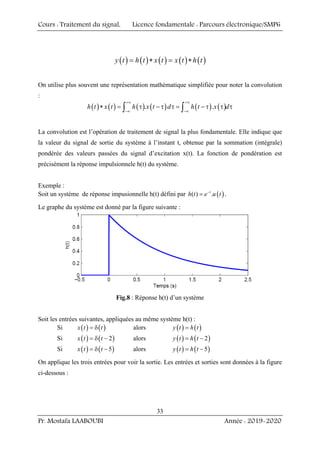 Cours : Traitement du signal, Licence fondamentale : Parcours électronique/SMP6
Pr. Mostafa LAABOUBI Année : 2019-2020
33
( ) ( ) ( ) ( ) ( )
y t h t x t x t h t
= ∗ = ∗
On utilise plus souvent une représentation mathématique simplifiée pour noter la convolution
:
( ) ( ) ( ) ( ) ( ) ( )
. .
h t x t h x t d h t x d
+∞ +∞
−∞ −∞
∗ = τ − τ τ = − τ τ τ
∫ ∫
La convolution est l’opération de traitement de signal la plus fondamentale. Elle indique que
la valeur du signal de sortie du système à l’instant t, obtenue par la sommation (intégrale)
pondérée des valeurs passées du signal d’excitation x(t). La fonction de pondération est
précisément la réponse impulsionnele h(t) du système.
Exemple :
Soit un système de réponse impusionnelle h(t) défini par ( )
( ) .
t
h t e u t
−
= .
Le graphe du système est donné par la figure suivante :
Fig.8 : Réponse h(t) d’un système
Soit les entrées suivantes, appliquées au même système h(t) :
Si ( ) ( )
x t t
= δ alors ( ) ( )
y t h t
=
Si ( ) ( )
2
x t t
= δ − alors ( ) ( )
2
y t h t
= −
Si ( ) ( )
5
x t t
= δ − alors ( ) ( )
5
y t h t
= −
On applique les trois entrées pour voir la sortie. Les entrées et sorties sont données à la figure
ci-dessous :
 