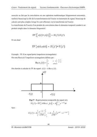 Cours : Traitement du signal, Licence fondamentale : Parcours électronique/SMP6
Pr. Mostafa LAABOUBI Année : 2019-2020
48
associée au fait que la convolution est une opération mathématique fréquemment rencontrée,
renforce beaucoup le rôle de la transformation de Fourier en traitement du signal, beaucoup de
calculs sont plus simples lorsqu’ils sont effectués via la transformée de Fourier.
La transformée de Fourier d’un produit de convolution dans le domaine temporel conduit à un
produit simple dans le domaine fréquentiel :
( ) ( )
{ } ( ). ( )
TF x t y t X f Y f
∗ =
⎡ ⎤
⎣ ⎦
Et son dual
{ } ( ) ( )
( ). ( )
TF x t y t X f Y f
= ∗
Exemple : TF d’un signal porte (impulsion rectangulaire)
On note RectT(t) l’impulsion rectangulaire définie par :
( )
1 ,
2 2
0
Re
T T
si t
T aillaurs
ct t
⎡ ⎤
∈ −
⎢ ⎥
⎣ ⎦
⎧
⎪
= ⎨
⎪
⎩
On cherche à calculer la TF du signal ( ) ( )
.Re T
x t A ct t
= .
Fig.17 : Représentation temporelle du signal x(t).
( ) ( )
{ }
/ 2
2
/ 2
.Re .
T
j ft
T T
X f TF A ct t A e dt
− π
−
= = ∫
Soit :
( )
2 2
2
2
1
. .
2 2
T
j ft
j fT j fT
T
e
X f A A e e
j f j f
− π
π − π
−
⎡ ⎤
⎡ ⎤
= = −
⎢ ⎥ ⎣ ⎦
− π π
⎣ ⎦
 