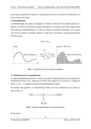 Cours : Traitement du signal, Licence fondamentale : Parcours électronique/SMP6
Pr. Mostafa LAABOUBI Année : 2019-2020
53
entre chaque échantillon du signal. Un signal discret est tracé en fonction de l’échantillon n et
non en fonction du temps.
1. Echantillonnage
L’échantillonnage des signaux analogiques est étudié en détail dans la première partie de ce
chapitre. Il suffit de savoir que tout signal analogique x(t) est acquis à un rythme régulier dicté
par la période d’échantillonnage Te et qu’il est stocké en mémoire d’ordinateur. Ces signaux
x[n] sont des signaux numériques obtenus à l’aide d’un convertisseur analogique-numérique
(CAN) tels que :
[ ] ( ) e
t nT
x n x t =
=
Fig. 1 : Echantillonnage d’un signal analogique
1.1 Modélisation d’un échantillonneur
Le signal échantillonné peut être vu comme le produit du signal physique par un peigne de la
distribution de Dirac ( )
t
δ , chaque pic de Dirac étant espacé de son voisin de e
T (peigne de
Dirac ( )
e
T t
δ ) , e
T s’appelle la période d’échantillonnage du signal.
De manière très générale, un échantillonneur idéal peut être schématisé par la figure ci-
dessous (Fig. 2) :
Fig. 2 : Modèle mathématique d’un échantillonneur
Soit la sortie :
 